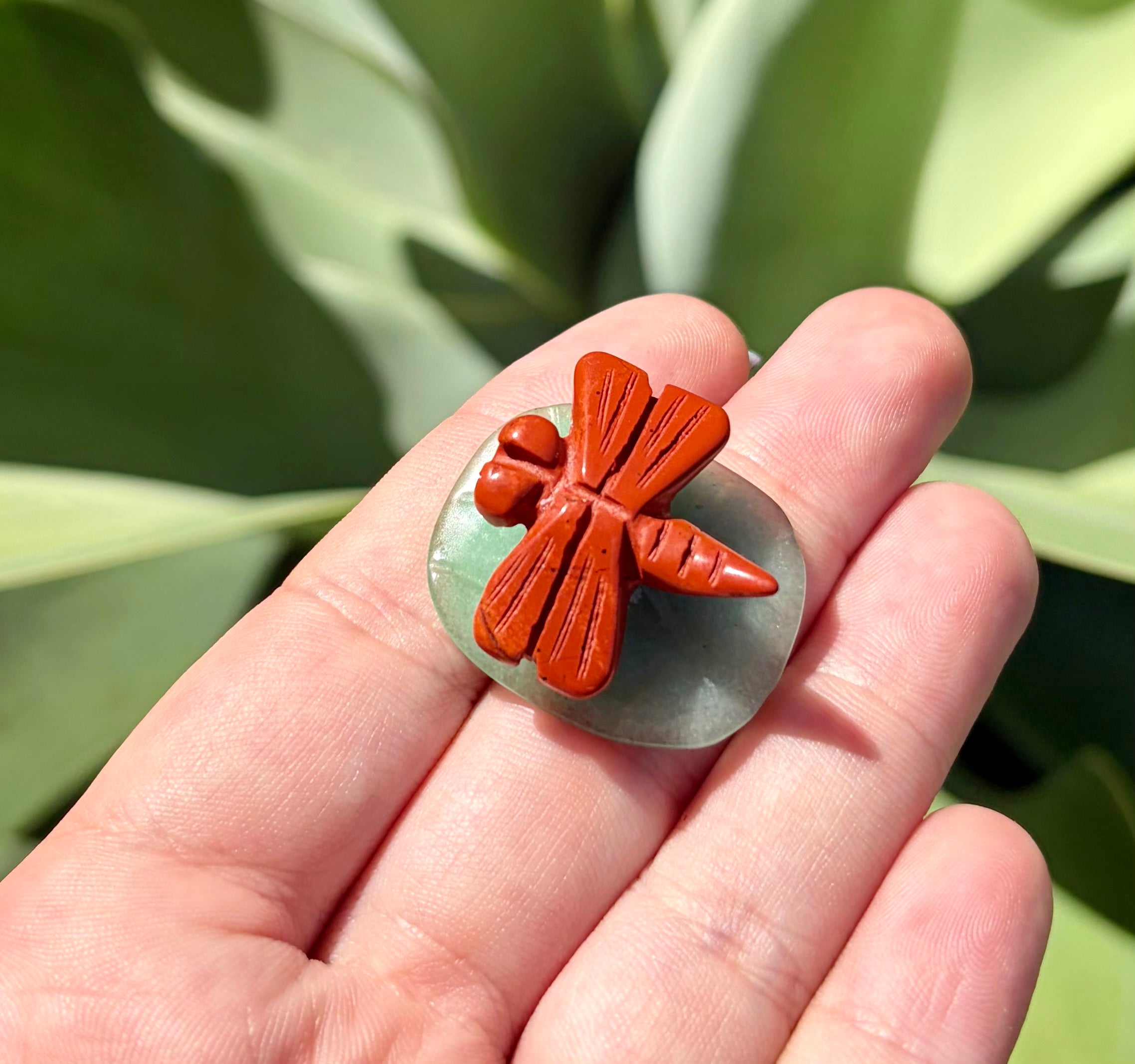 Red jasper dragon fly on green Aventurine Lillie pad