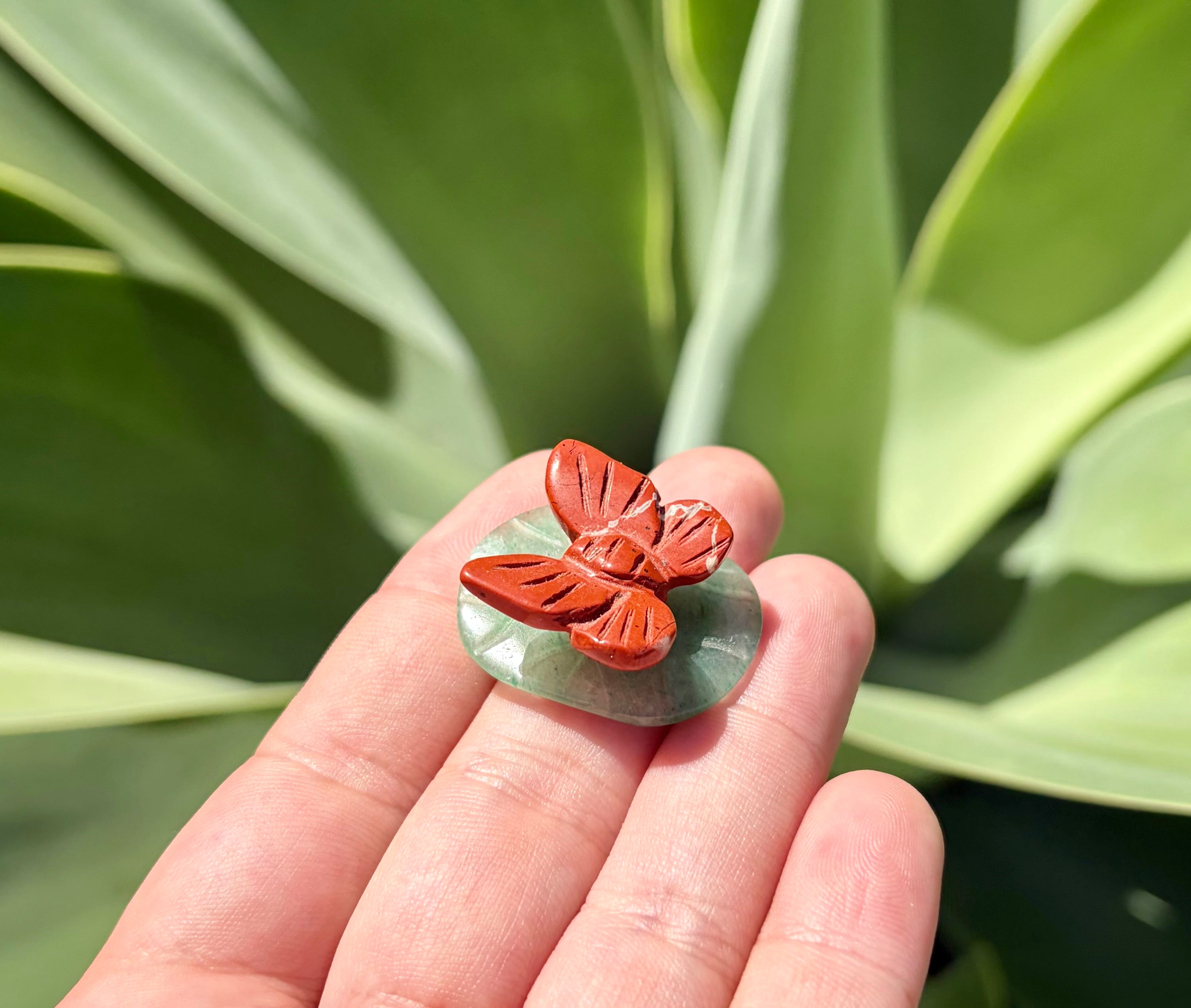 Red jasper butterfly on green Aventurine Lillie pad