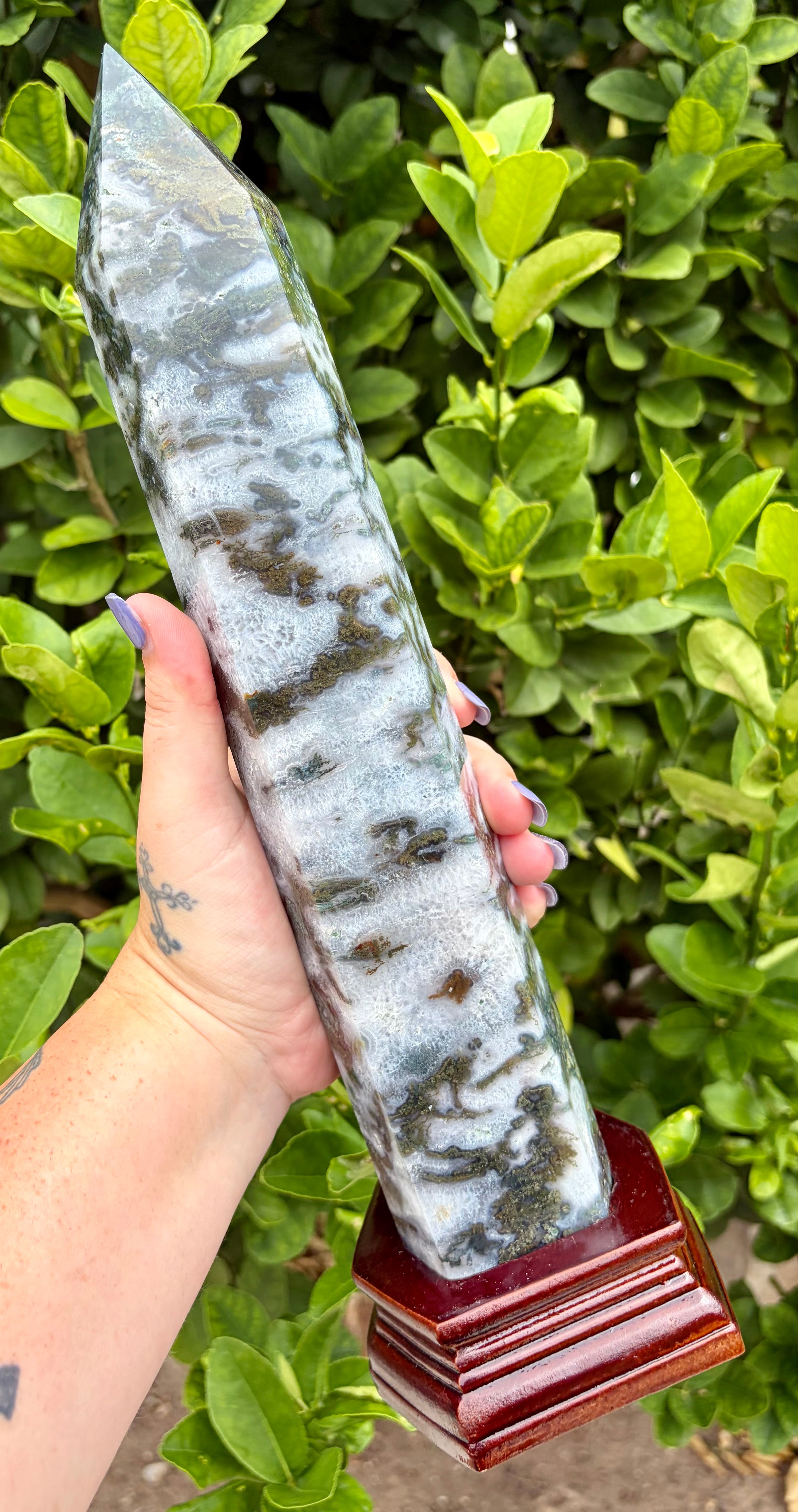 Statement moss agate tower with base