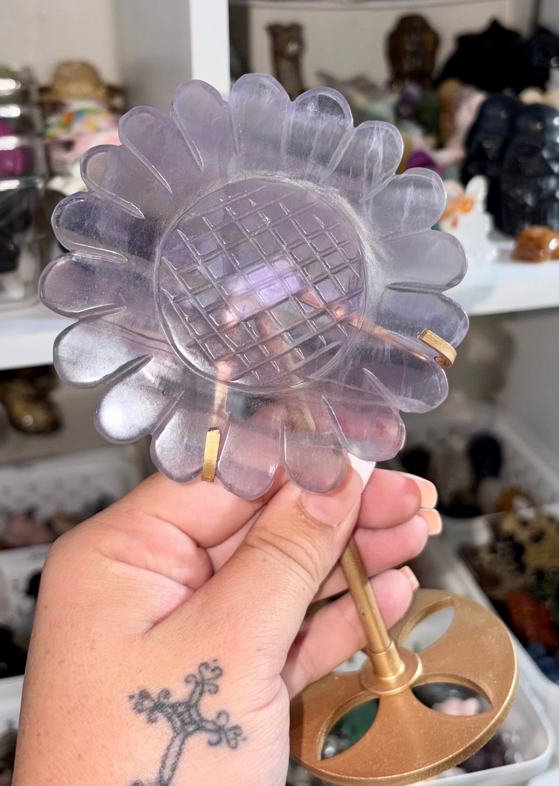 Purple fluorite sunflower on stand