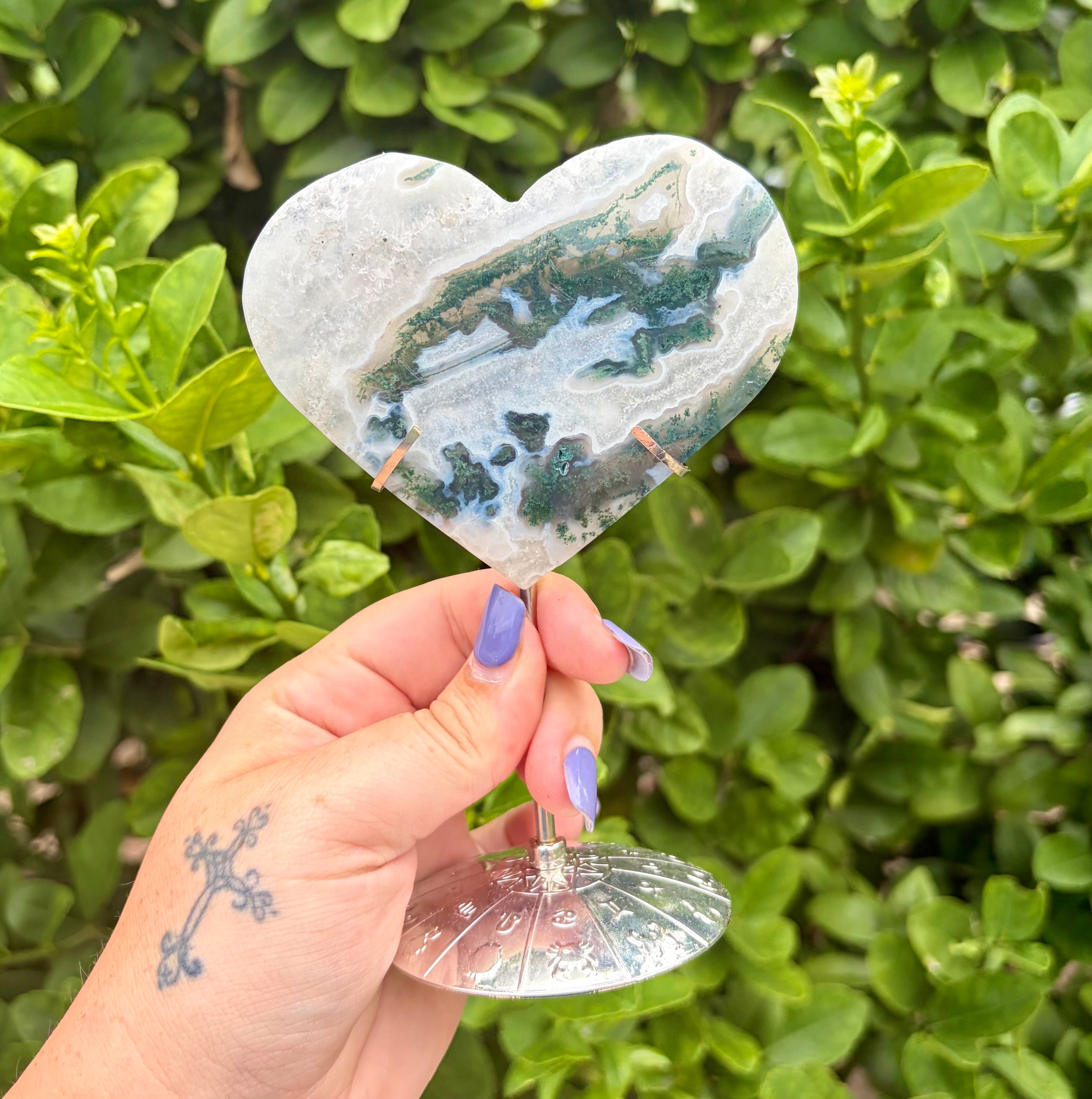 Moss agate heart on stand A