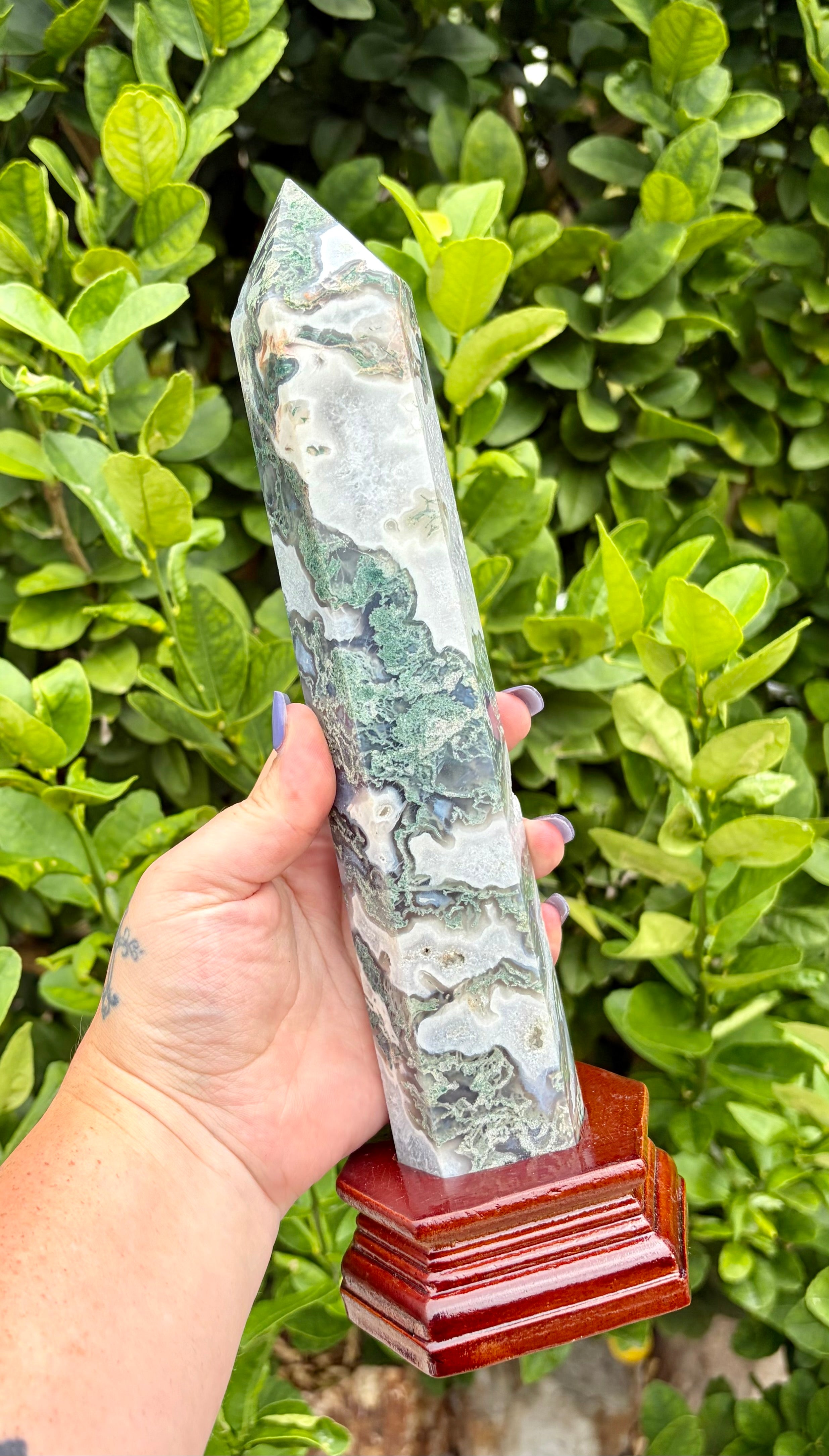 Statement moss agate tower with base