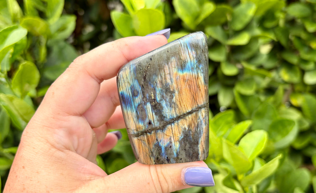 Orange and blue flash Labradorite free form
