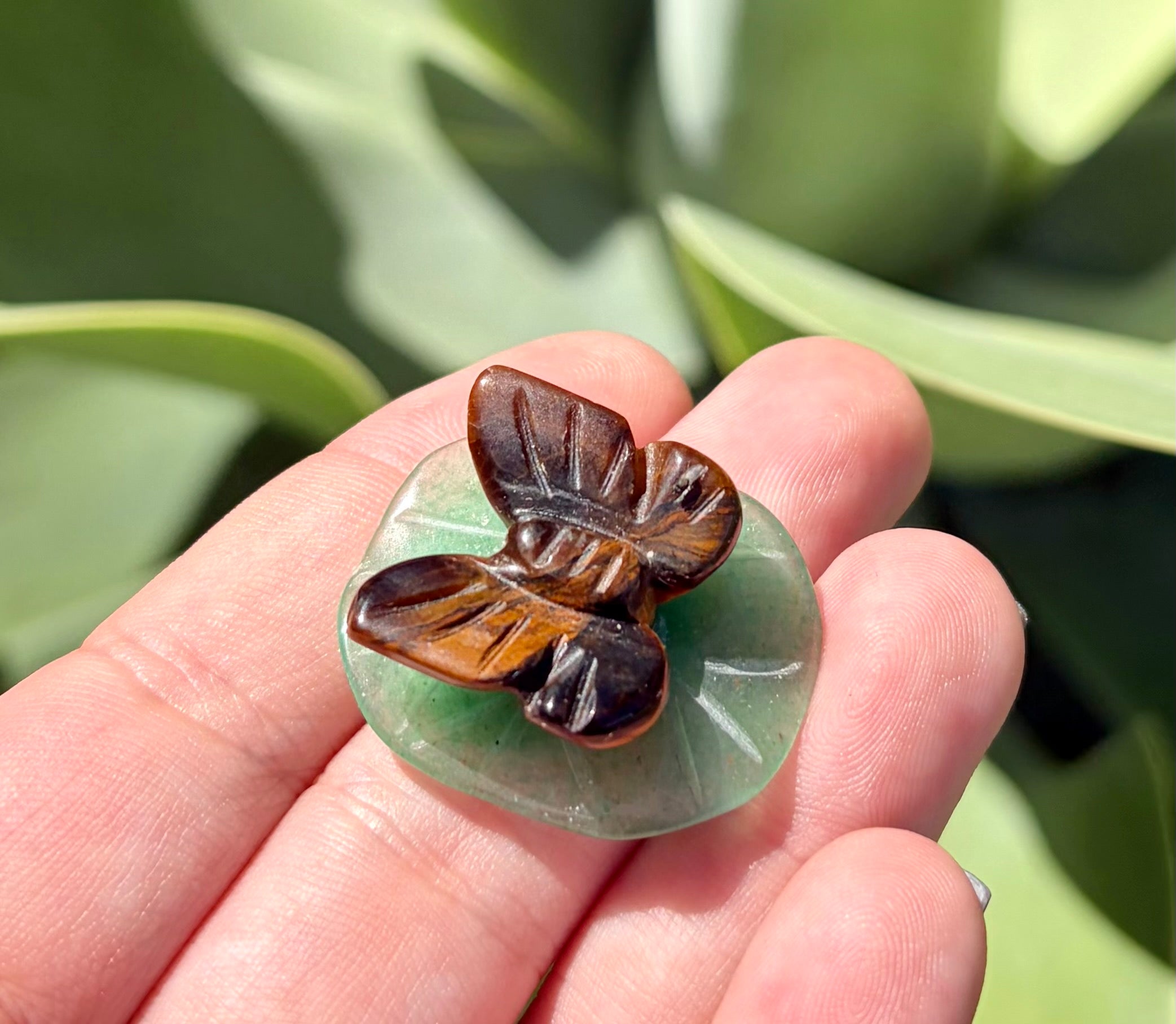 Tiger eye butterfly on green Aventurine Lillie pad