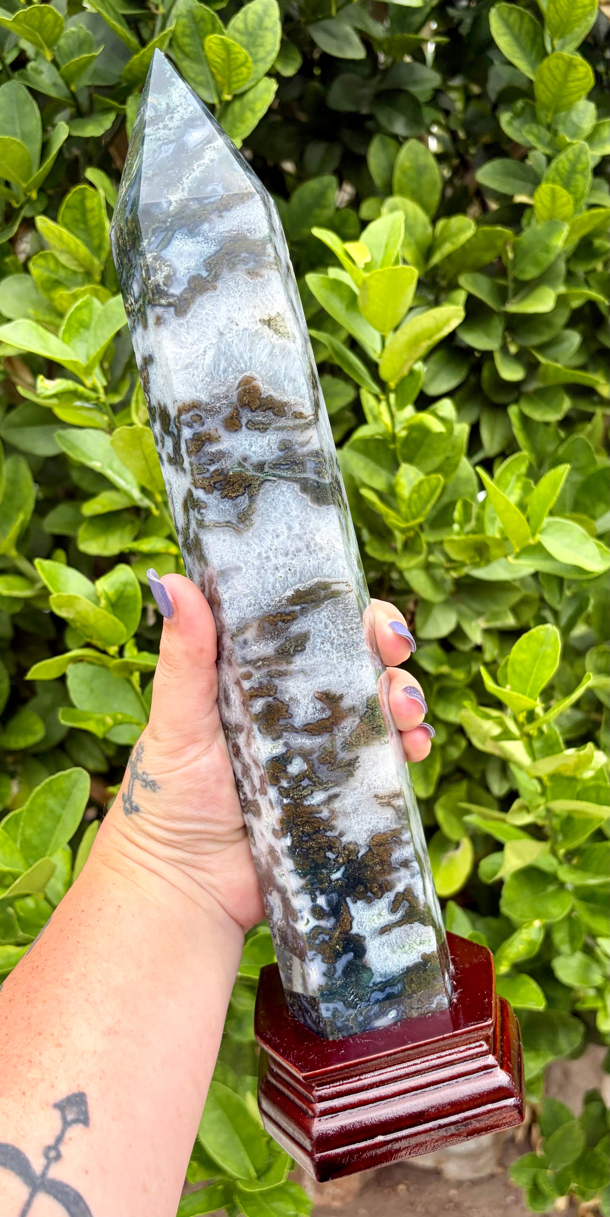 Statement moss agate tower with base