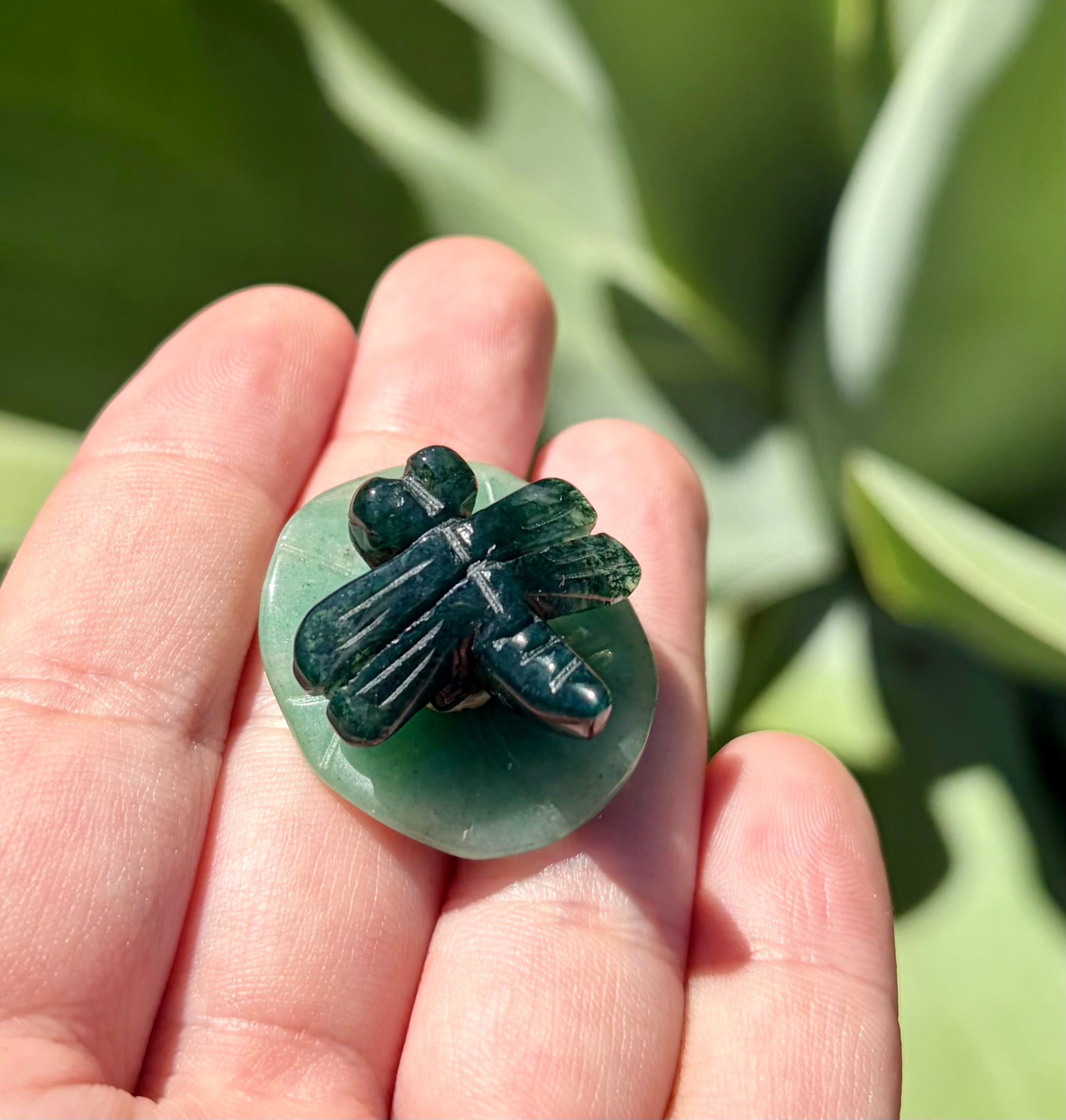 Moss agate dragonfly on green Aventurine lilliepad
