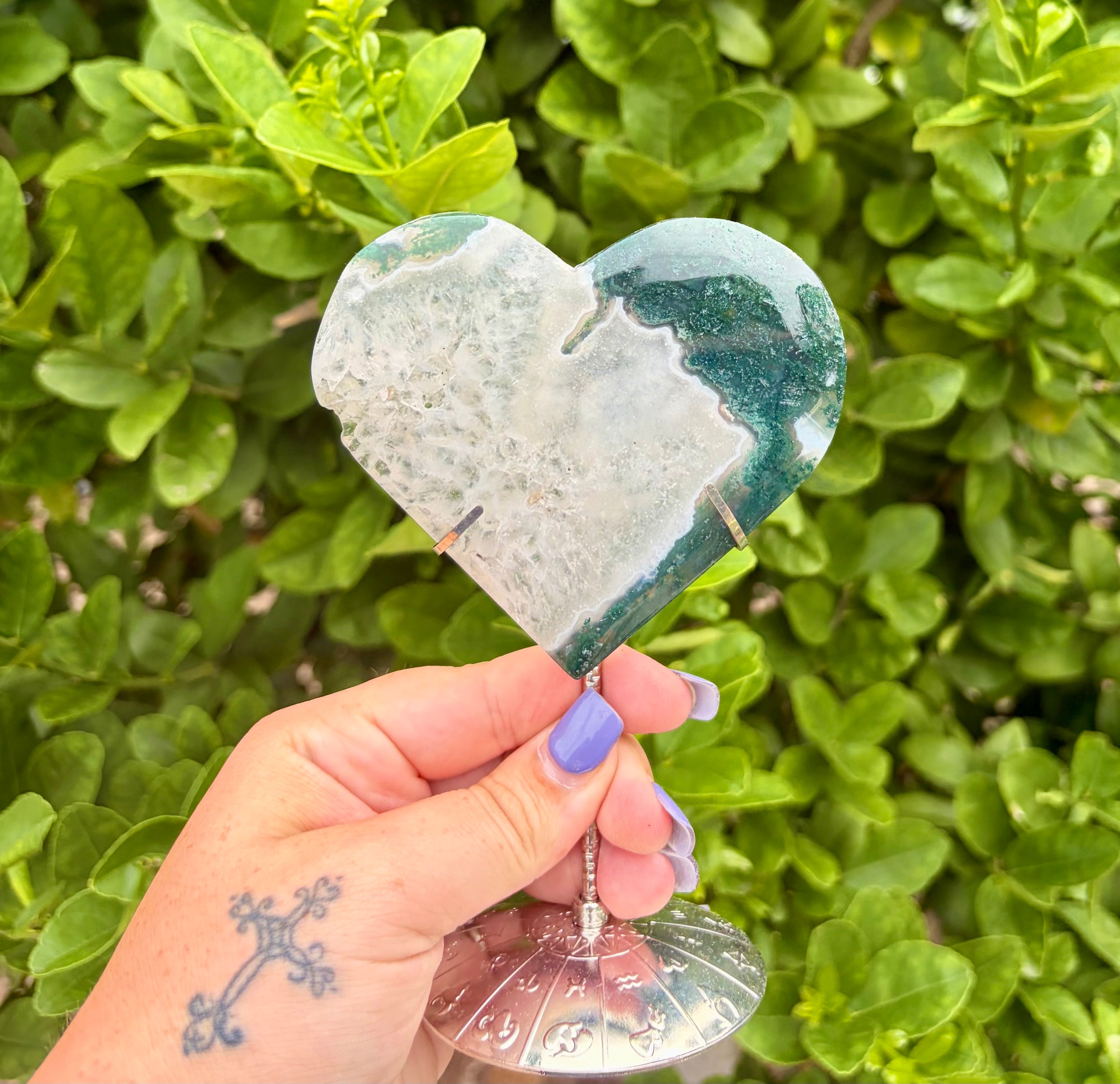 Moss agate heart on stand B